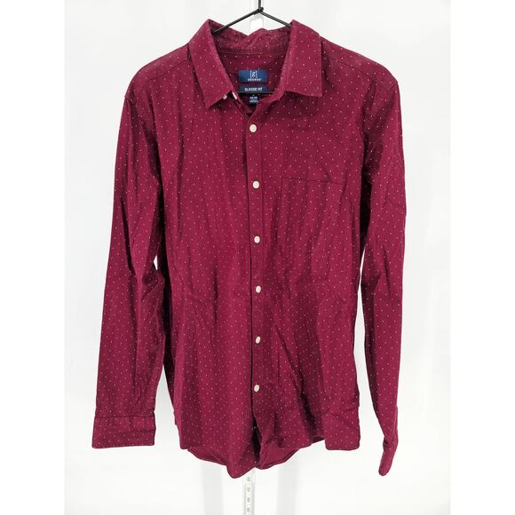George Mens Sz M Long Sleeve Button Up Dress Shirt Dark Red White Polka Dot - Picture 1 of 3